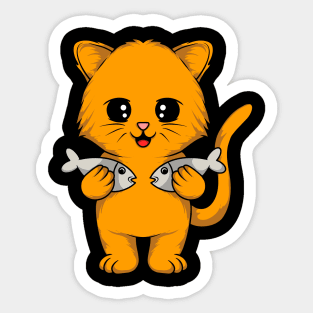 Cat Masterfully Holding Two Fish in Each Arm - Captivating Tee for Cat Lovers Sticker